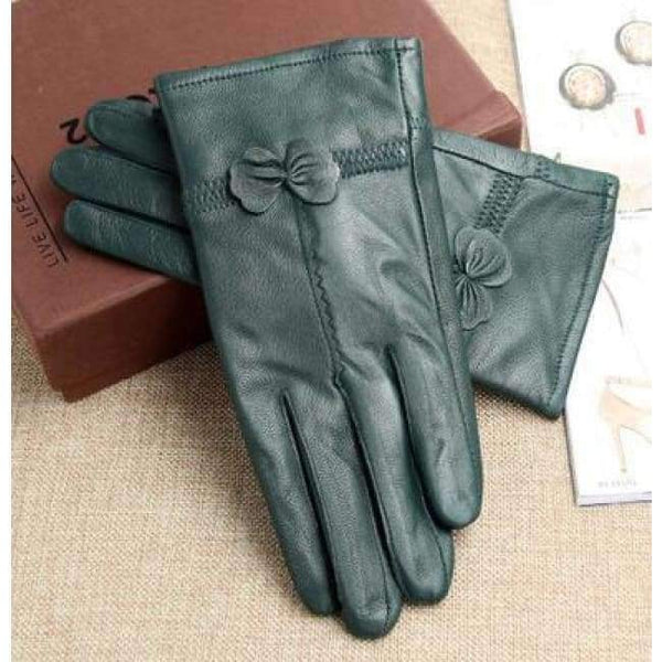 Planet Gates dark green Leather sheepskin gloves quality genuine leather bow women's gloves thickening thin