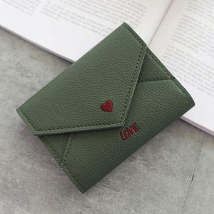 Planet Gates Dark green Women Wallets Purse  Mini Wallet Love Heart-shaped Embroidery Line Lychee Pattern Multifunctional Wallet 3 Fold Small Wallet
