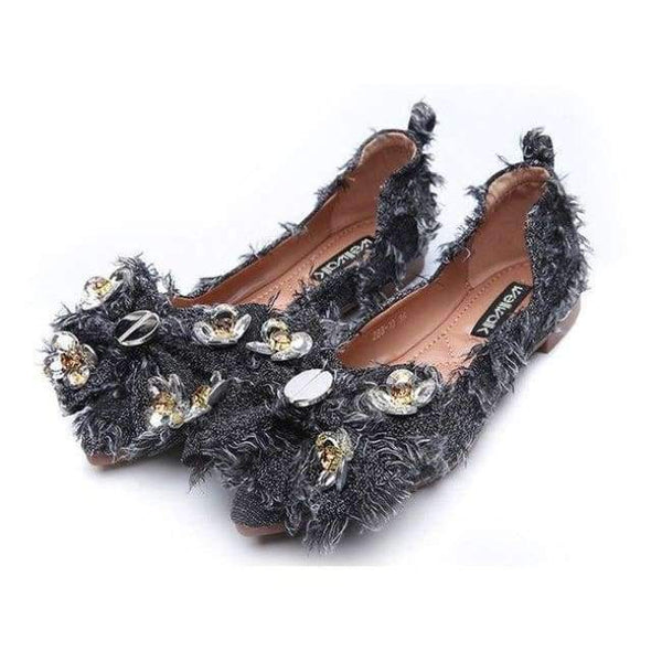 Planet Gates Dark Grey / 37 Ladies Shoe 2018 Butterfly-knot Crystal Ballerinas Fashion Women Fringe Denim Ballet Flats Basic Shallow Women Flats size 34-38