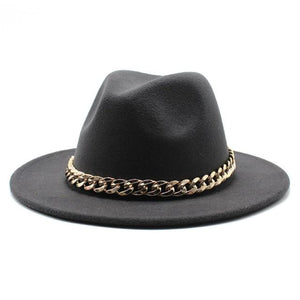 Planet Gates Dark Grey / L(58-60cm) American Big Chain Fedoras Faux Woolen Brim Felt Cap Jazz Men Women Hat