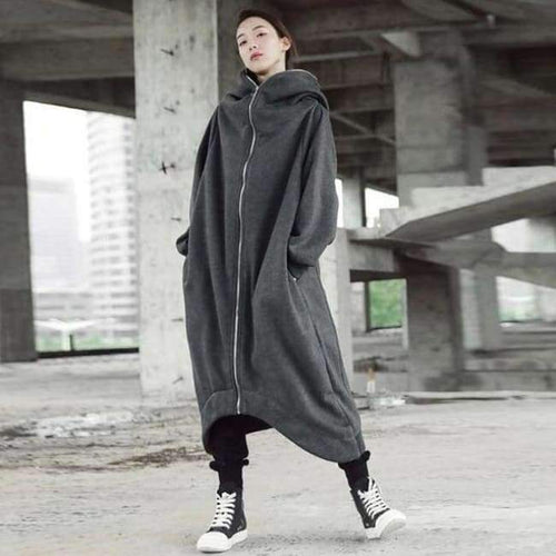 Planet Gates Dark Grey / M Winter Women Hooded Zip Long Sleeve Fleece Irregular Boyfriend Style Loose Pockets Solid Long Coat Jackets Plus Size
