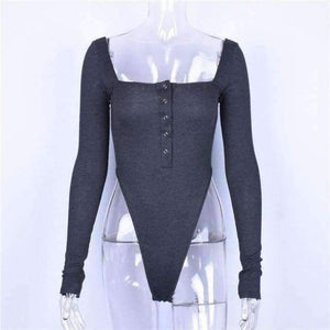 Planet Gates Dark Grey / S Cotton slash neck sexy button long sleeve black solid bodycon bodysuit 2018 summer atutmn women fashion body