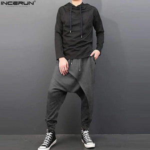 Planet Gates Тъмно сиви / S INCERUN Плюс размер Мъжки ежедневни драпирани панталони с капка чатала, хип-хоп панталони, широки танцови панталони в готически пънк стил, мъжки панталони