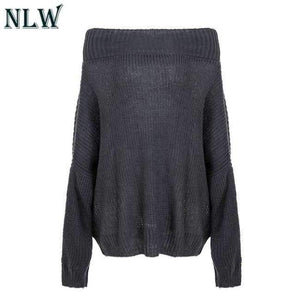 Planet Gates Dark Grey / S Large Size Off Shoulder Sweater Pullover Women Casual Harajuku Sweater Sexy Streetwear Autumn Jumpers Plus Size XXXL