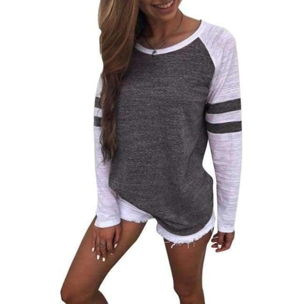 Planet Gates Dark Grey / S Women Striped Splicing Baseball Tshirt 2018 Spring Autumn O Neck Long Sleeve Top Tees All Matched T Shirt Plus Size 5XL