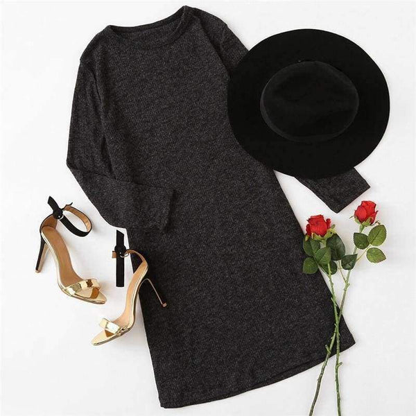 Planet Gates Dark Grey / XS Sheinside Crew Neck Casual Sweater Dress Women 2017 Autumn Grey Long Sleeve Shift Dresses Women Basic Short Dress