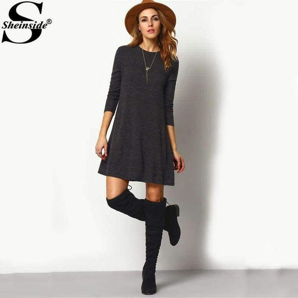 Planet Gates Dark Grey / XS Sheinside Crew Neck Casual Sweater Dress Women 2017 Autumn Grey Long Sleeve Shift Dresses Women Basic Short Dress