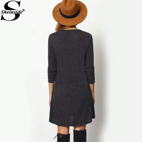 Planet Gates Dark Grey / XS Sheinside Crew Neck Casual Sweater Dress Women 2017 Autumn Grey Long Sleeve Shift Dresses Women Basic Short Dress