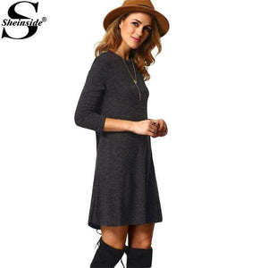 Planet Gates Dark Grey / XS Sheinside Crew Neck Casual Sweater Dress Women 2017 Autumn Grey Long Sleeve Shift Dresses Women Basic Short Dress