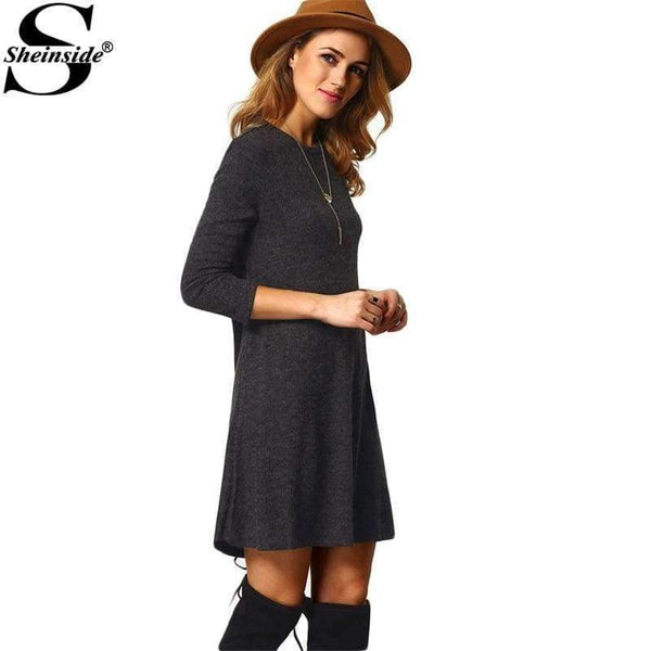 Planet Gates Dark Grey / XS Sheinside Crew Neck Casual Sweater Dress Women 2017 Autumn Grey Long Sleeve Shift Dresses Women Basic Short Dress