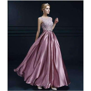 Planet Gates dark pink / 2 Long Lace Dark Pink Evening Dresses 2018 A-line Floor-Length Formal Party Prom Dresses O-neck Sleeveless Bow