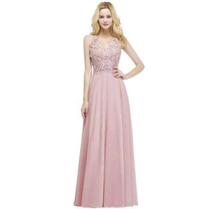 Planet Gates dark pink / 2 Sexy V Neck Pink Lace Chiffon Long Evening Dress 2018 Elegant Sleeveless Evening Gowns with Pearls Abendkleid