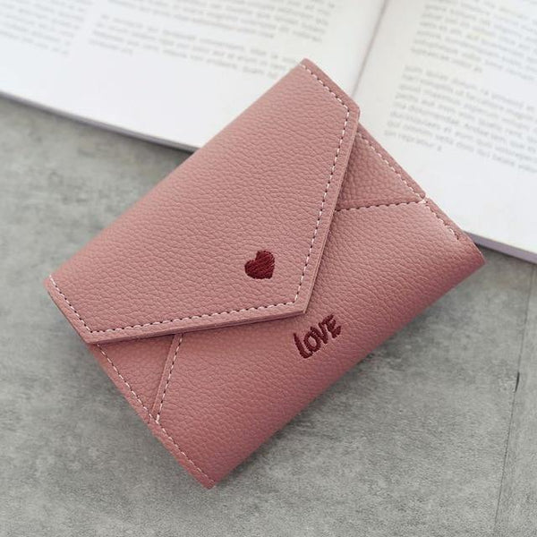 Planet Gates Dark pink Women Wallets Purse  Mini Wallet Love Heart-shaped Embroidery Line Lychee Pattern Multifunctional Wallet 3 Fold Small Wallet