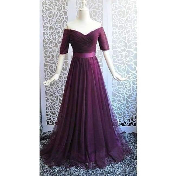 Planet Gates dark purple / 6 -Emily Long Purple Red Gray Cheap Bridesmaid Dresses 2018 A-Line Off the Shoulder Half Sleeve Vestido da dama de honra