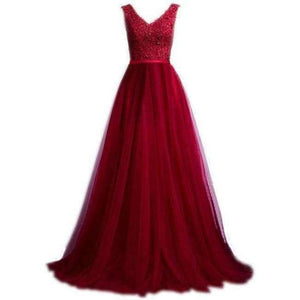 Planet Gates dark red / 2 Elegant V-Neck A-Line Sweep Train Lace Beading Evening Dress Cheap Prom Dresses Robe De Soiree Party Dress