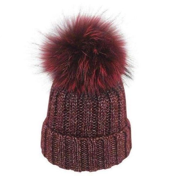 Planet Gates dark red pompom / Kids for 46-52cm 2018 Winter Blends Women Beanies Knit Hat Real Pompoms Fur Ball Beanie Gorro Solid Caps Casual Knit Crochet Bonnet Cap Hats