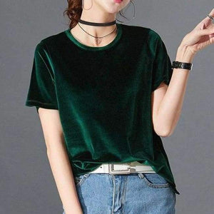 Planet Gates DarkGreen / XL Women T Shirt Short Sleeve Crushed Velvet Summer Womens Tops And T Shirts O-Neck Woman Tee Shirt Femme Manche Courte