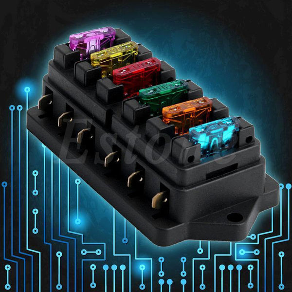 Planet Gates DC 12V/24V Car 6 Ways Circuit Standard ATO Blade Fuse Box Block Holder with 6 Fuses