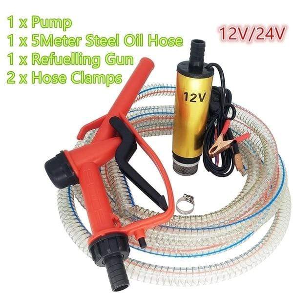 Planet Gates DC 12V/24V Oil Pump Refueling Gun Combination Set Electric Submersible Pump 5 meter Steel Oil Hose Submersible Fuel Pump