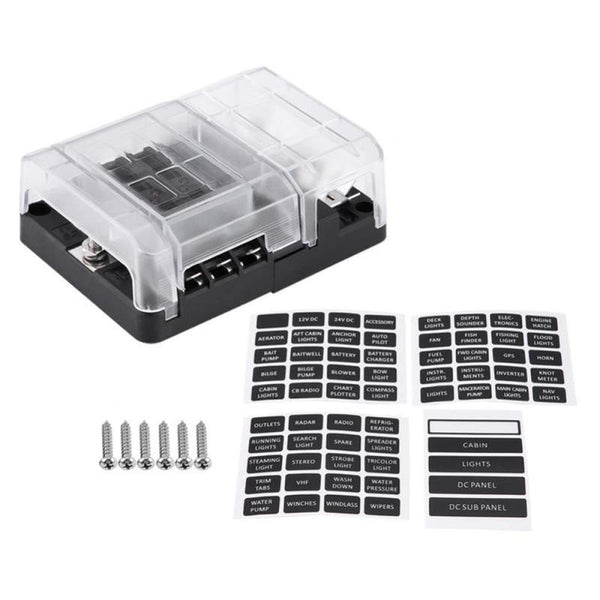 DC32V 100A Blade Fuse Box Holder Block with 12P Negative Bus Bar Quick Terminals and Dust-proof Cover For Truck Bus Boat Caravan