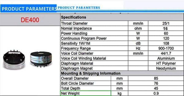 Planet Gates DE400 16Ohm /8 Ohn HF Driver Neodymium 44mm Voice Coil 120W Continuous Program Power For Line Array Speaker Sound System