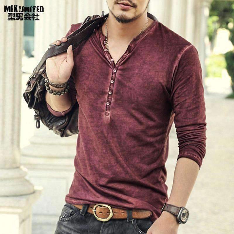 Planet Gates deep blue / S Brand Designer Men Cotton Vintage Henry T Shirts Casual Long Sleeve High quality Men old color Cardigan T shirt  2018 hot sale
