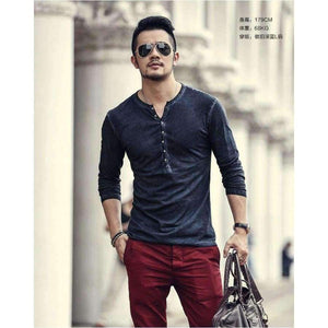 Planet Gates тъмносиньо / S Марка Дизайнерски мъжки памучни винтидж тениски Henry ежедневни дълъг ръкав Висококачествени мъжки тениски с кардиган в стар цвят 2018 гореща разпродажба