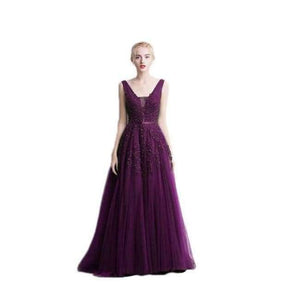 Planet Gates Deep Purple / 2 Wine Red Lace Beading Long Evening Dress Backless Bridal V neck Sleeveless Transparent Banquet Sexy Prom Dress