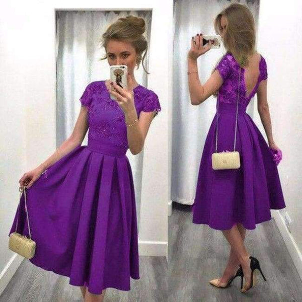 Planet Gates Deep Purple / 4 / China Cocktail Dresses 5 Solid Color Pleated Satin Lace Short Party Gown Women A-Line Backless vestidos mujer 2018 cocktail