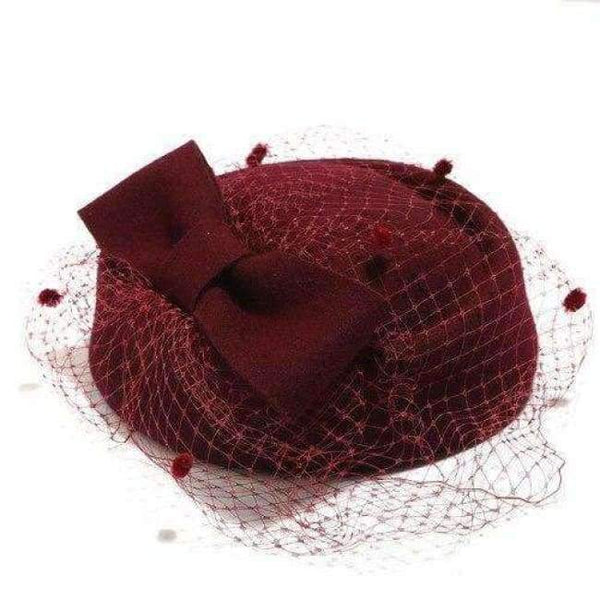 Planet Gates DEEP RED / adjustable Berets Caps For Women Bride Elegant Wool Gauze Bow Airline Stewardess White Women's Fedora Caps Formal Lady Hat Royal Style
