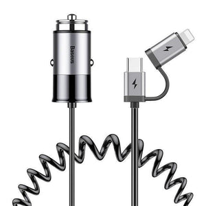 Planet Gates Deep Space Grey Baseus 4.8A USB Car Charger For iPhone Samsung Xiaomi mi Fast Car Charging Mobile Phone Charger With Spring 2 in 1 USB Cable