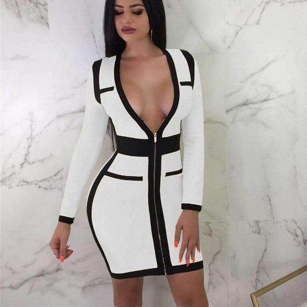 Planet Gates Deep V Zipper Patchwork Mini Dress Vestido Autumn Long-Sleeved High Waist Pencil Dresses 2018 New Winter Bandage Dress