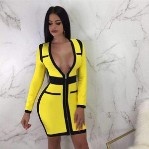 Planet Gates Deep V Zipper Patchwork Mini Dress Vestido Autumn Long-Sleeved High Waist Pencil Dresses 2018 New Winter Bandage Dress