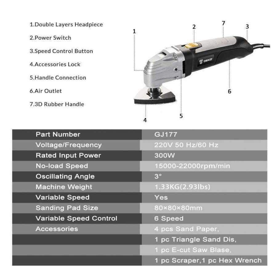 Planet Gates DEKO 220V Variable Speed Electric Multifunction Oscillating Tool Kit Multi-Tool Power Tool Electric Trimmer Saw w/ Accessories