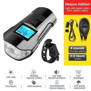 Planet Gates Deluxe Edition BLK Waterproof Bicycle Light USB Charging Bike Front Light Flashlight Handlebar Cycling Head Light w/ Horn Speed Meter LCD Screen