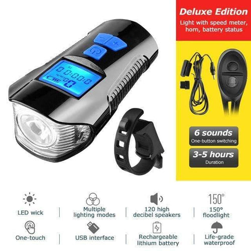 Planet Gates Deluxe Edition Blue Waterproof Bicycle Light USB Charging Bike Front Light Flashlight Handlebar Cycling Head Light w/ Horn Speed Meter LCD Screen