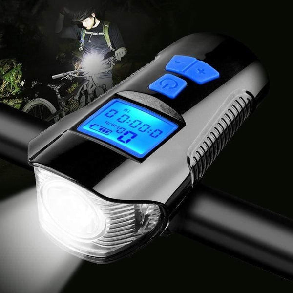 Planet Gates Deluxe Edition Blue Waterproof Bicycle Light USB Charging Bike Front Light Flashlight Handlebar Cycling Head Light w/ Horn Speed Meter LCD Screen
