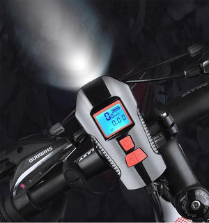 Planet Gates Deluxe Edition Blue Waterproof Bicycle Light USB Charging Bike Front Light Flashlight Handlebar Cycling Head Light w/ Horn Speed Meter LCD Screen