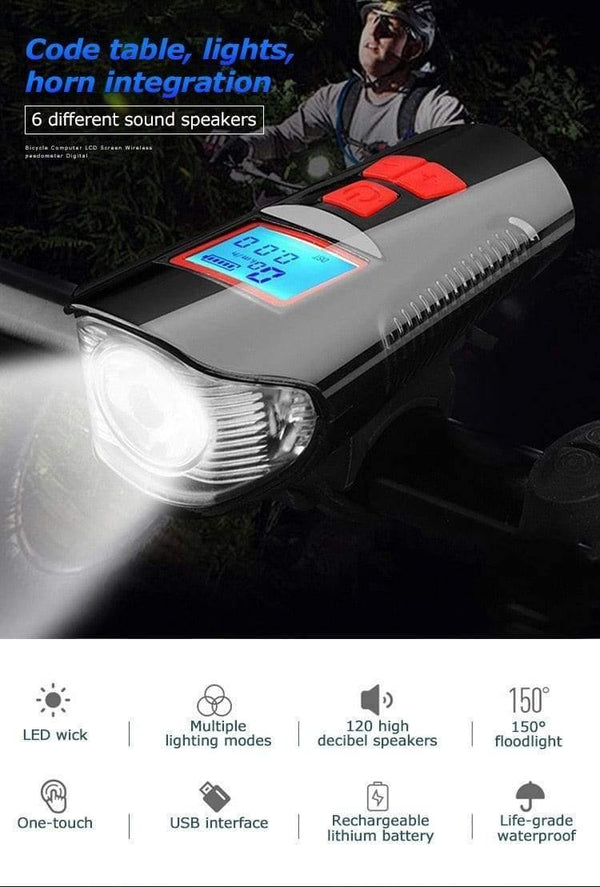 Planet Gates Deluxe Edition Blue Waterproof Bicycle Light USB Charging Bike Front Light Flashlight Handlebar Cycling Head Light w/ Horn Speed Meter LCD Screen