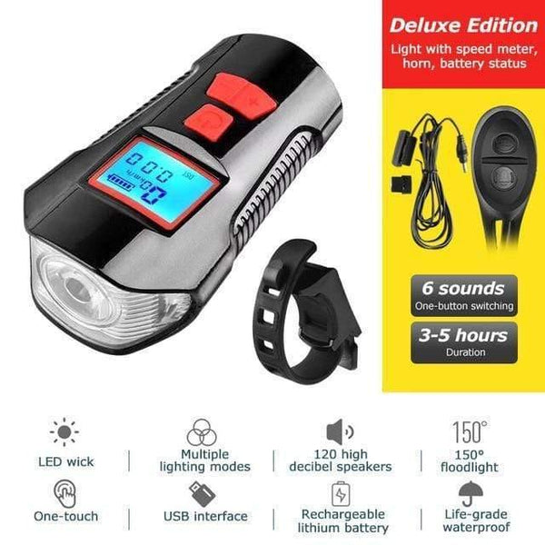 Planet Gates Deluxe Edition Red Waterproof Bicycle Light USB Charging Bike Front Light Flashlight Handlebar Cycling Head Light w/ Horn Speed Meter LCD Screen
