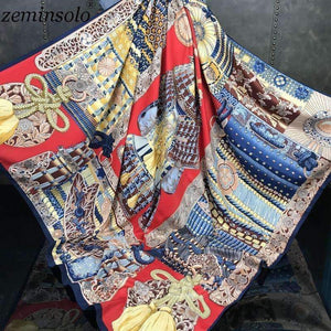 Planet Gates Design Square Silk Scarf Women Foulard Printed Bandana Ladies Shawl Hijab Elegant Headband Ring Scarves Wraps 130*130cm
