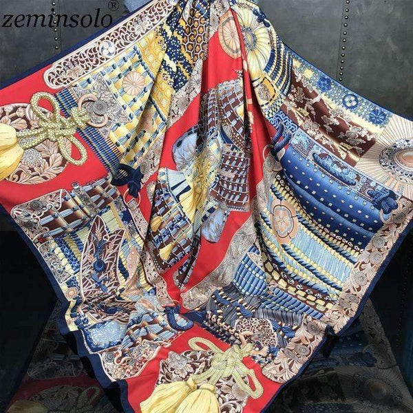 Planet Gates Design Square Silk Scarf Women Foulard Printed Bandana Ladies Shawl Hijab Elegant Headband Ring Scarves Wraps 130*130cm