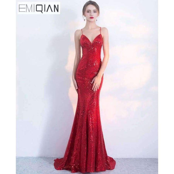 Planet Gates Designer Red Sequin Formal Prom Party Dress Spaghetti Strap Backless Long Evening Dresses robe de soiree