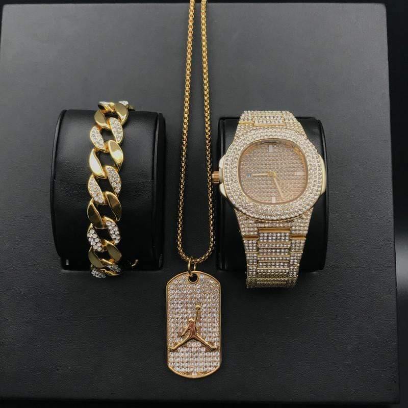 Planet Gates Diamond jewelry stylish watch & bracelet & Necklace Combo Set Watch Diamond Men Basketball Pendant Necklace set