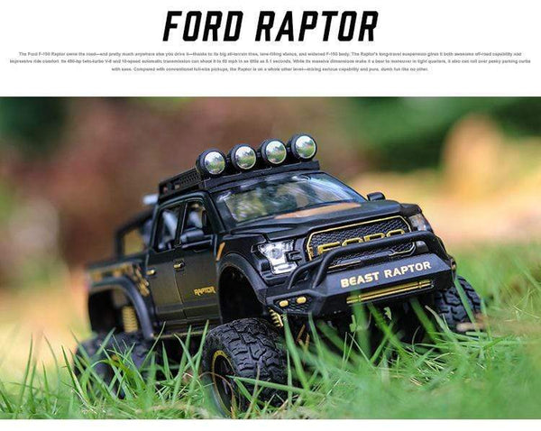 Planet Gates Diecast 1:24 Alloy Car Model Ford F150 Beast Raptor Off-Road Big Size Wheel Metal Vehicle Pull Back Gifts for Children Boys Toys