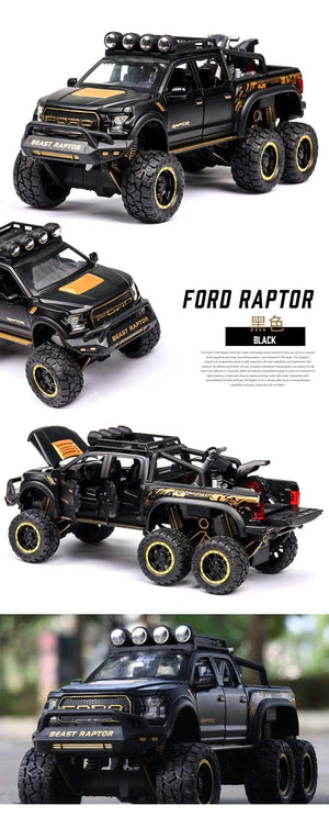 Planet Gates Diecast 1:24 Alloy Car Model Ford F150 Beast Raptor Off-Road Big Size Wheel Metal Vehicle Pull Back Gifts for Children Boys Toys