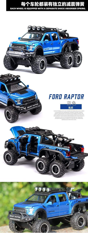 Planet Gates Diecast 1:24 Alloy Car Model Ford F150 Beast Raptor Off-Road Big Size Wheel Metal Vehicle Pull Back Gifts for Children Boys Toys