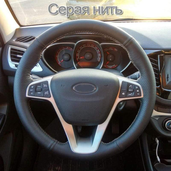 Planet Gates DIY Black Leather Hand-stitched Car Steering Wheel Cover for Lada Vesta 2015 2016 2017