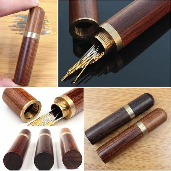 Planet Gates DIY Sewing Needles Holder Storage Tube Wooden Box Hand Sewing Needles Case Leather Knitting Embroidery Mending Needles Container (Random)