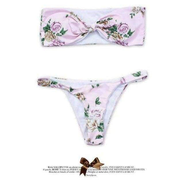Planet Gates DM014-fen / S Bikini 2018 bandeau style digital print buckle two piece  flower sexy strapless chest tie kont front swimwear women